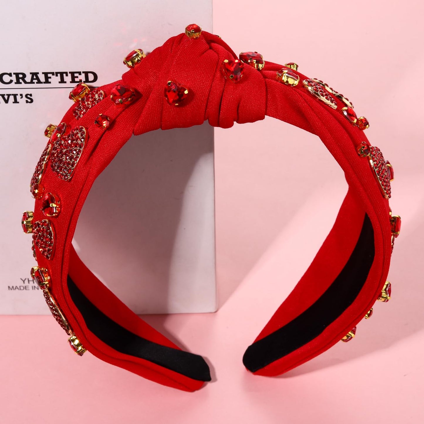 YAHPERN Valentine’s Day Headband for Women Red Pink Heart Knotted Headband Jeweled Rhinestone Crystal Wide Top Knot Hairband Valentine’s Day Hair Accessories Holiday Gifts (Red 3)