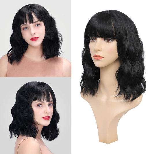 Wigs for Women - Black Wig with Bangs for Women, Short Wavy Bob Wig, Colorful Medium Length Wig, Pastel Colored Cosplay Wig Synthetic Costume Wigs, Halloween Wigs………