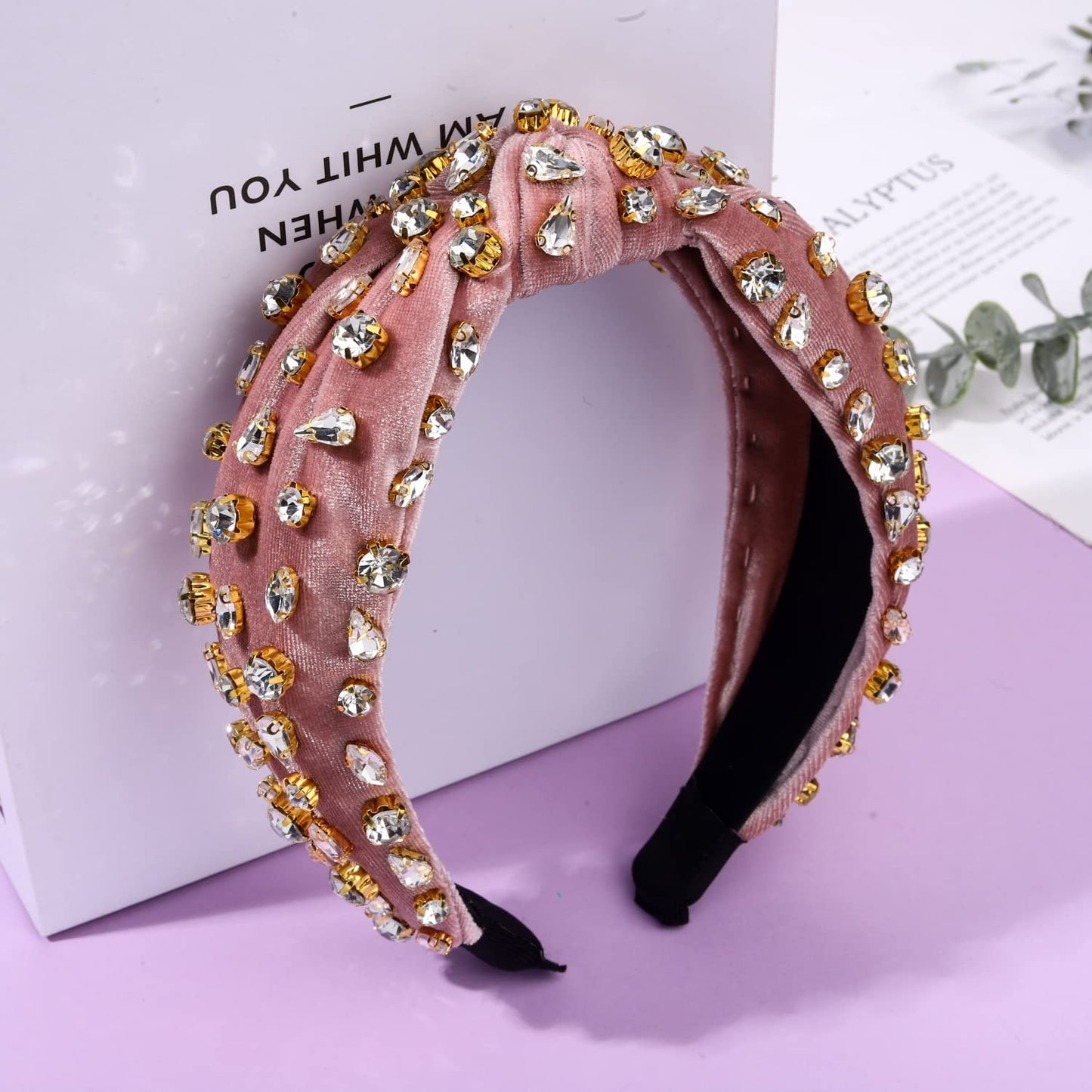 CENAPOG Rhinestone Knotted Headband for Women Sparkly Crystal Embellished Hairbands Twist Turban Headband Elastic Wide Velvet Hair Hoop Party Wedding Headwear for Girls (light-pink)