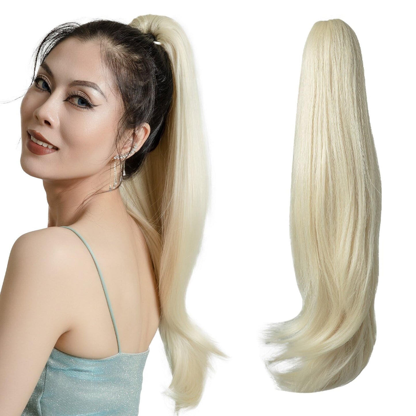 JNALLY Ponytail Extension,Blonde Ponytail Extensions Claw Clip in Ponytail Hair Extension 22" Wavy Straight Pony Tails Synthetic for Women