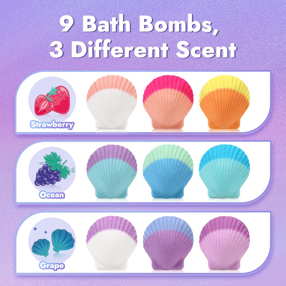 2024 Bath Bombs for Kids with Surprise Inside, 9 PCS Oversized Handmade Mermaid Bath Bombs for Girls & Toddlers Aged 3-12, Jewelry Toys Gift for Birthday, Christmas