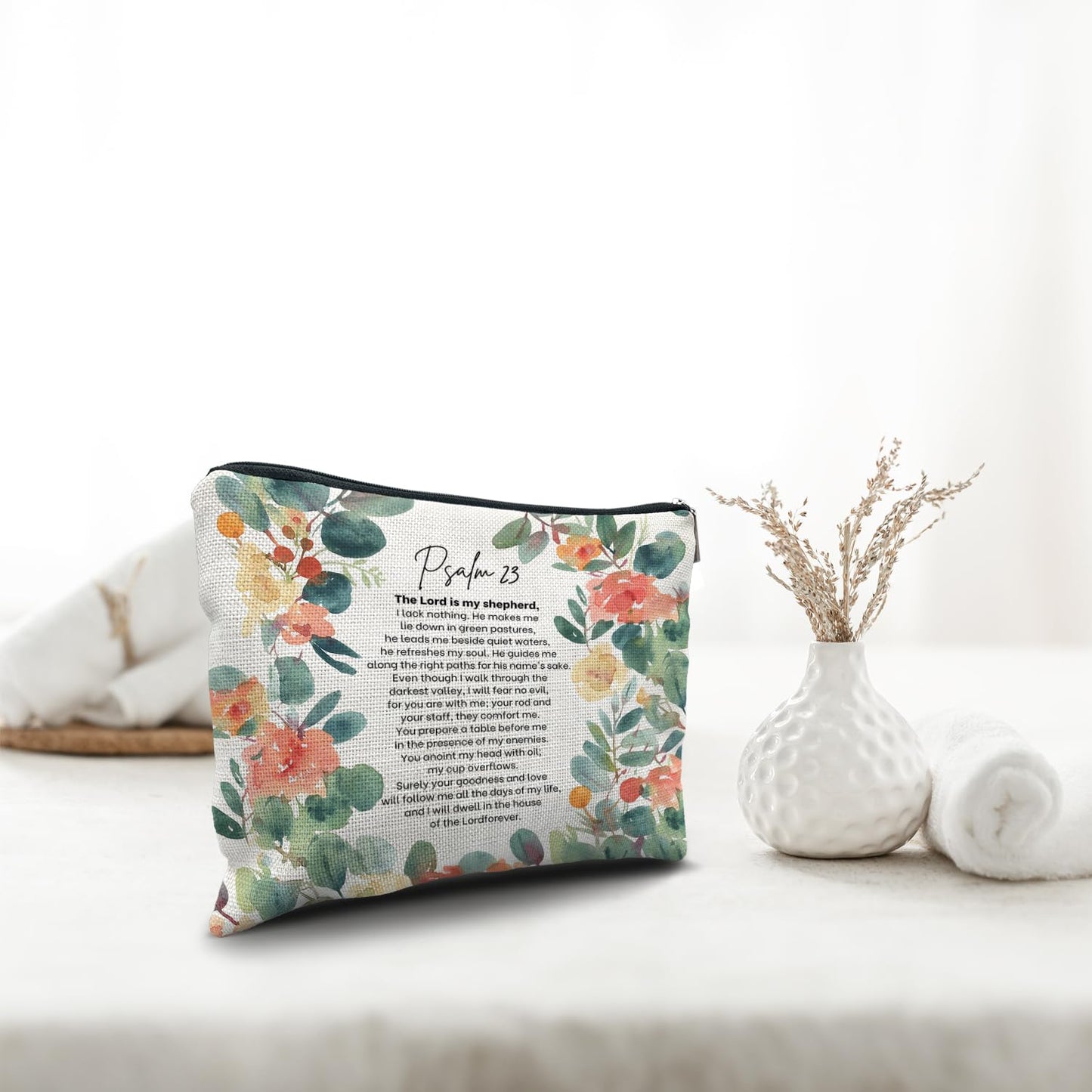 Nogrit Christian Inspirational Makeup Bag Cosmetic Bags for Women, Christian Gifts for Women Faith, Religious Bible Verse Floral Small Makeup Cosmetic Bag for Purse, PSALM 23