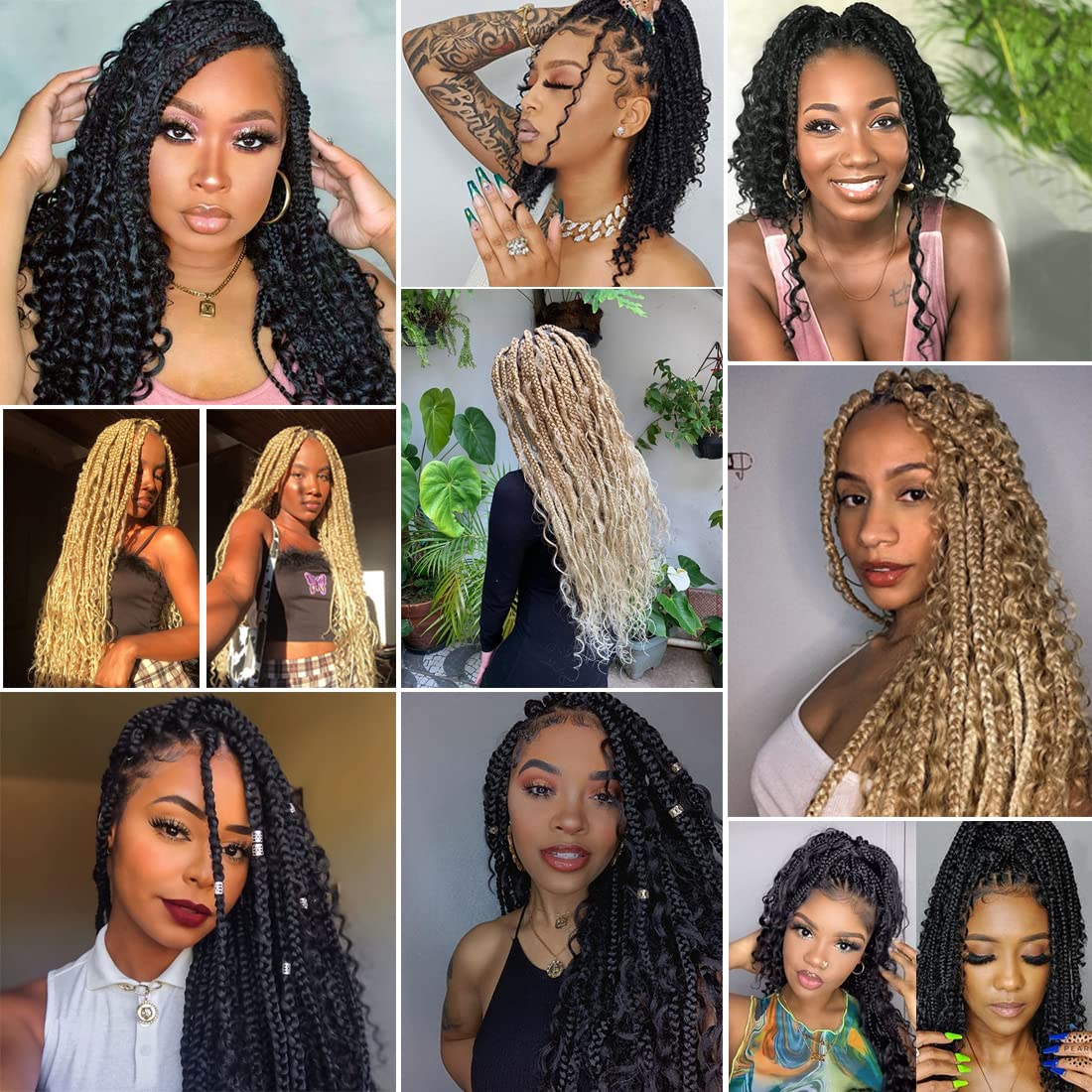 COOKOO 14 Inch Boho Box Braids Crochet Hair for Women 8 Pack Synthetic Bohemian Pre Looped Goddess Box Braids Crochet Hair Curly Ends Hippie Braiding Hair Extension 27M613#