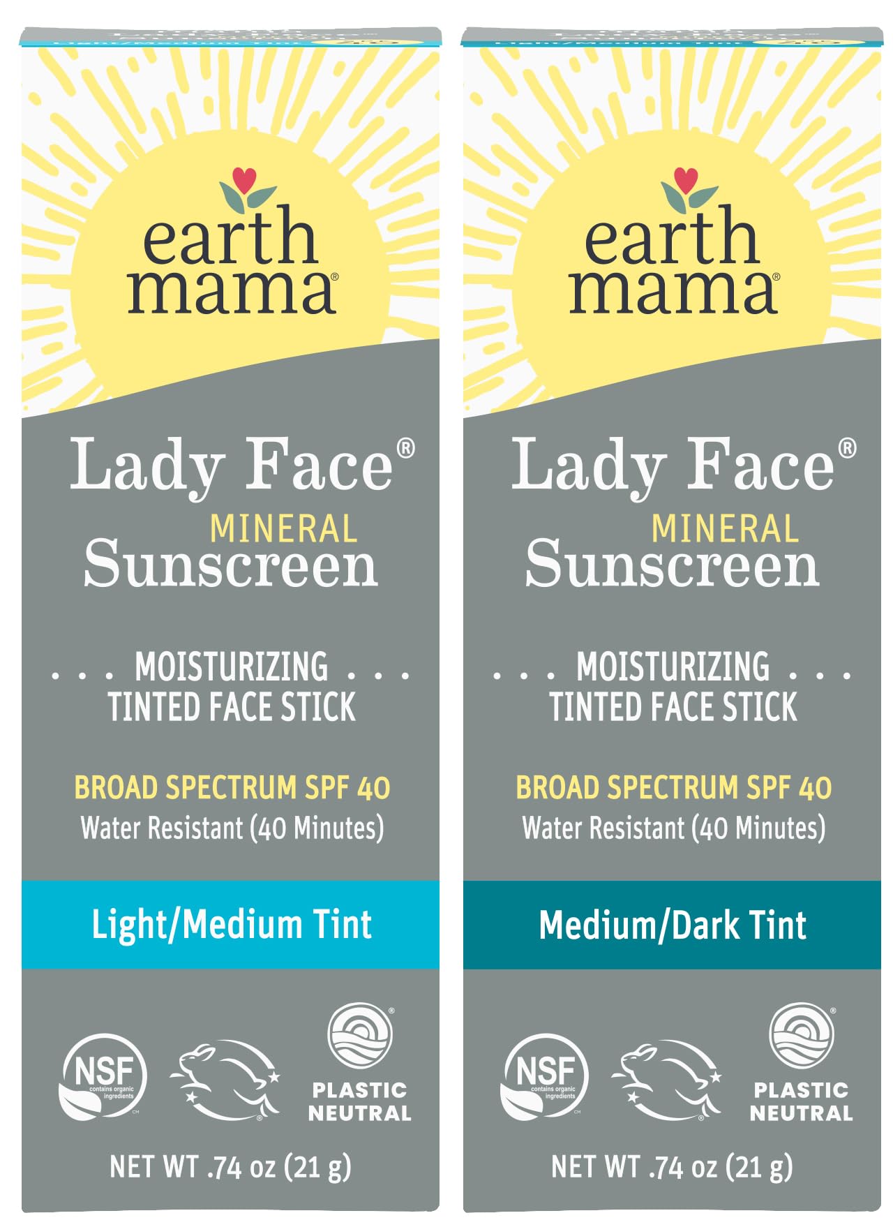 Earth Mama Lady Face® Tinted Mineral Sunscreen Stick SPF 40 Set |Contains Certified Organic Shea and Coca Butter | Foundation + Concealer + Contour, Blends with Most Skin Tones, 2-Pack