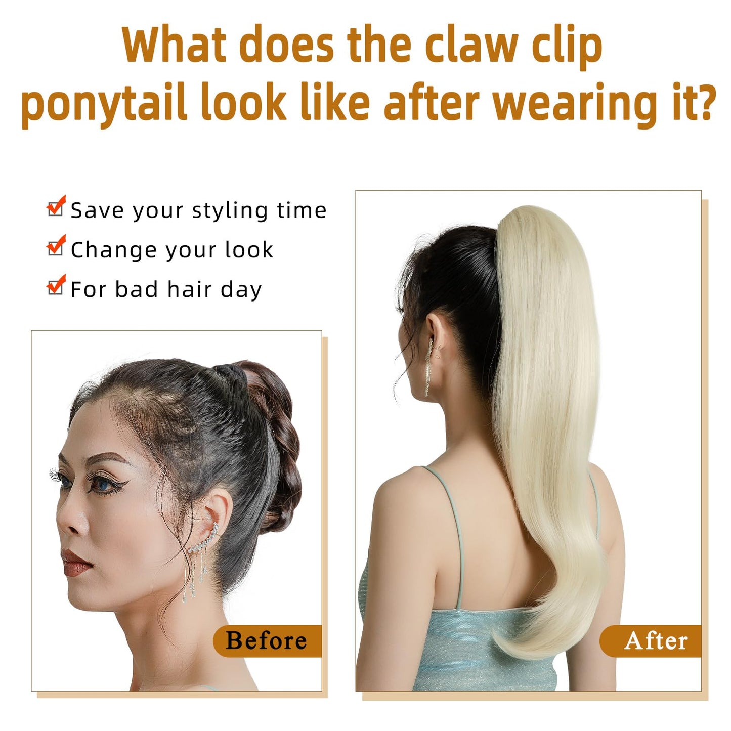 JNALLY Ponytail Extension,Blonde Ponytail Extensions Claw Clip in Ponytail Hair Extension 22" Wavy Straight Pony Tails Synthetic for Women