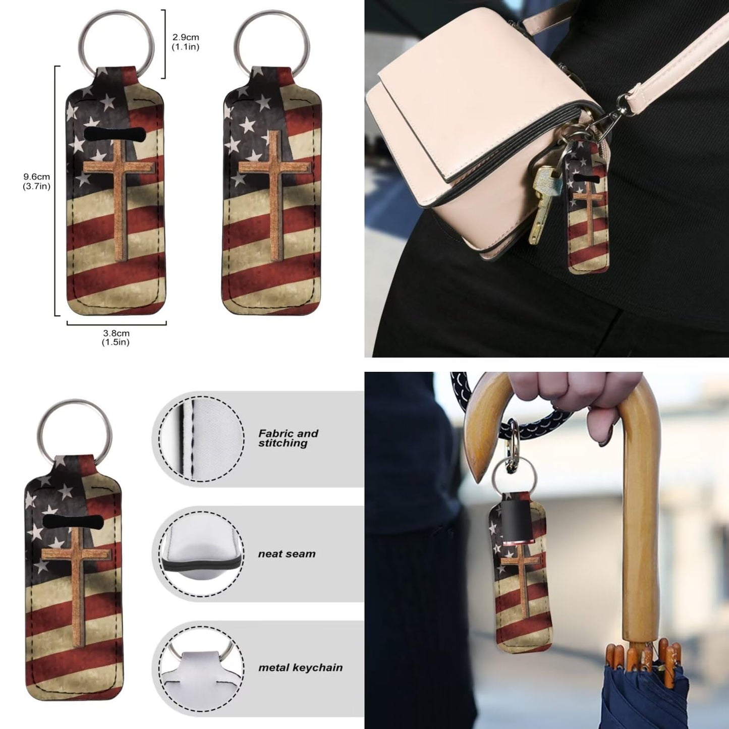 Suobstales Cross American Flag Print Chapstick Holder 1 Keychain Wristlet Lanyards 1 Mini Bottle Keychain Holder, Neoprene Travel Bottle Keychain Holders Set of 3