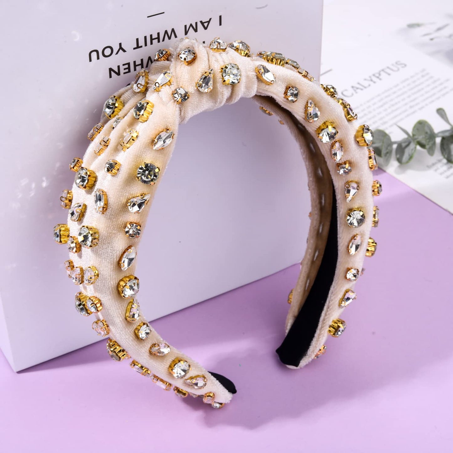 CENAPOG Rhinestone Knotted Headband for Women Sparkly Crystal Embellished Hairbands Twist Turban Headband Elastic Wide Velvet Hair Hoop Party Wedding Headwear for Girls (Off-white)