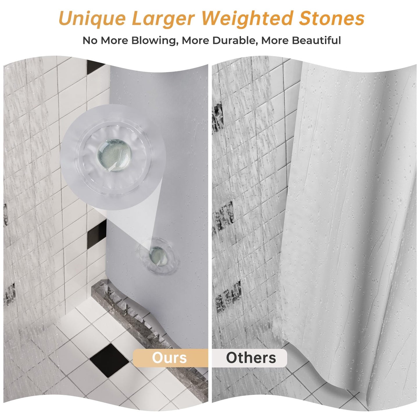 AmazerBath Grey Shower Curtain Plastic, Thick PEVA Shower Curtain Grey, Heavy Duty Shower Curtains for Bathroom, Waterproof Shower Curtain 72x72 with 3 Big Weighted Stones and 12 Rustproof Grommets