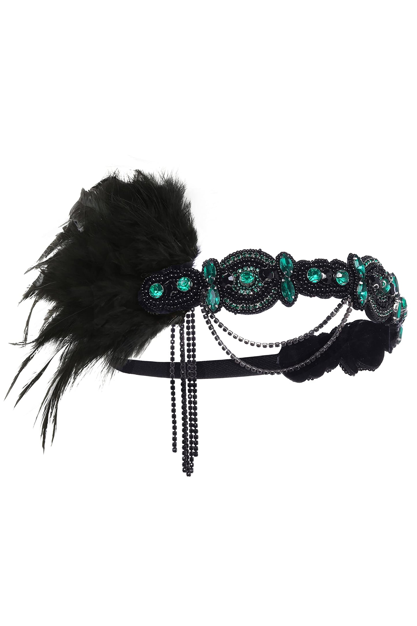 BABEYOND 1920s Flapper Headband Roaring 20s Gatsby Headpiece Black Feather Headband 1920s Flapper Hair Accessories (Dark Green)