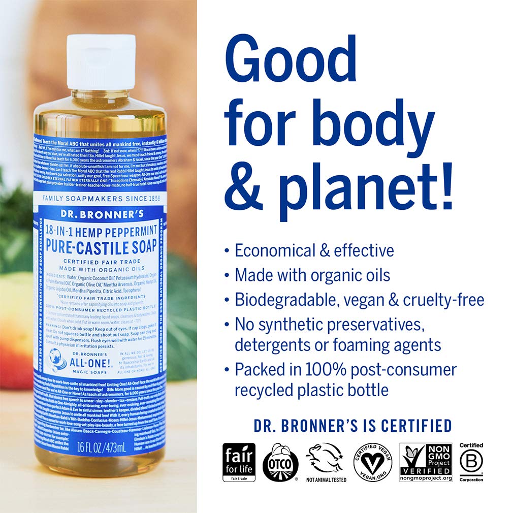 Dr. Bronner's - Pure-Castile Liquid Soap (Peppermint, 2 ounce, 2-Pack) - Made with Organic Oils, 18-in-1 Uses: Face, Body, Hair, Laundry, Pets and Dishes, Concentrated, Vegan, Non-GMO