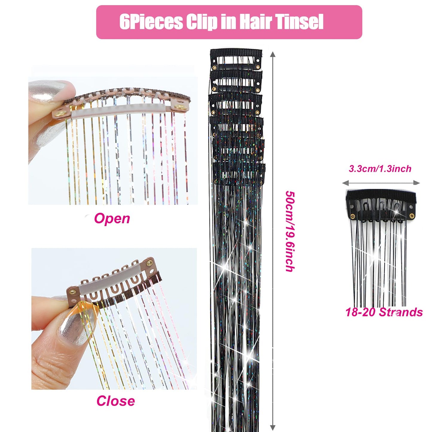 Hair Tinsel Kit 1000 Strands and 6 Pcs Clip in Hair Tinsel Glitter Tinsel Hair Extensions Heat Resistant Sparkling Fairy Hair Accessories for Kids Women Girls (White Pink)