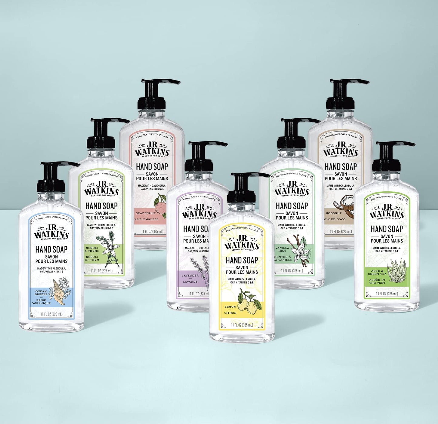 J.R. Watkins Liquid Hand Soap With Dispenser, Moisturizing Hand Soap, Alcohol-Free Hand Wash, Cruelty-Free, Liquid Soap For Bathroom or Kitchen, Aloe & Green Tea, 11 Fl Oz, 3 Pack