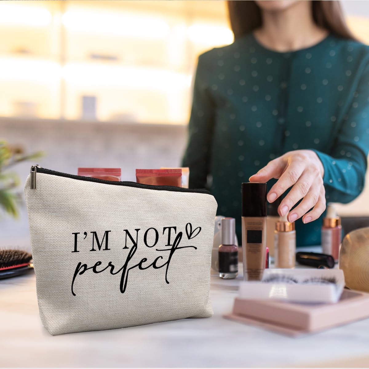 uinwk I'm Not Perfect I'm Limited Edition Canvas Makeup Bag, Inspirational Positive Gifts for Women Cosmetic Bag, Mental Health Gifts