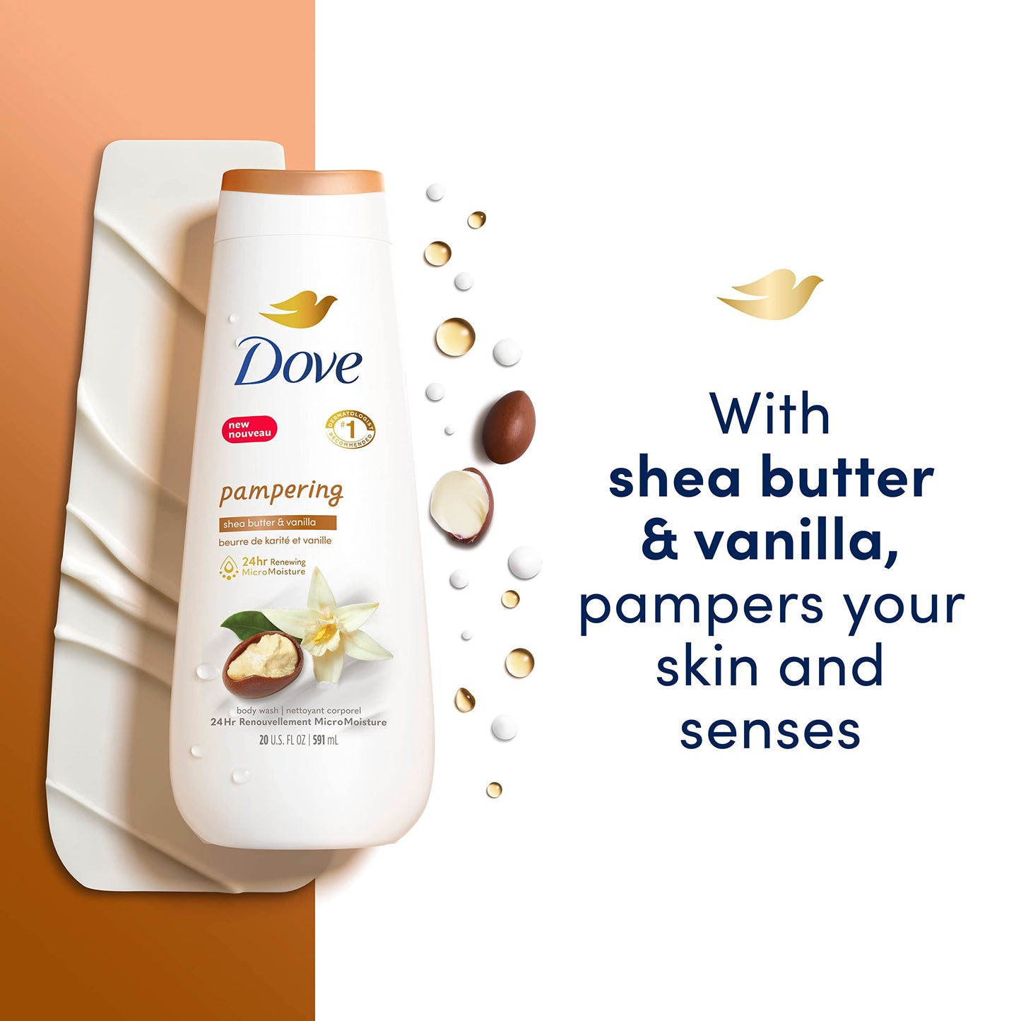 Dove Body Wash 4 Count Pampering Shea Butter & Vanilla for Renewed, Healthy-Looking Skin Gentle Skin Cleanser with 24hr Renewing MicroMoisture 20 oz