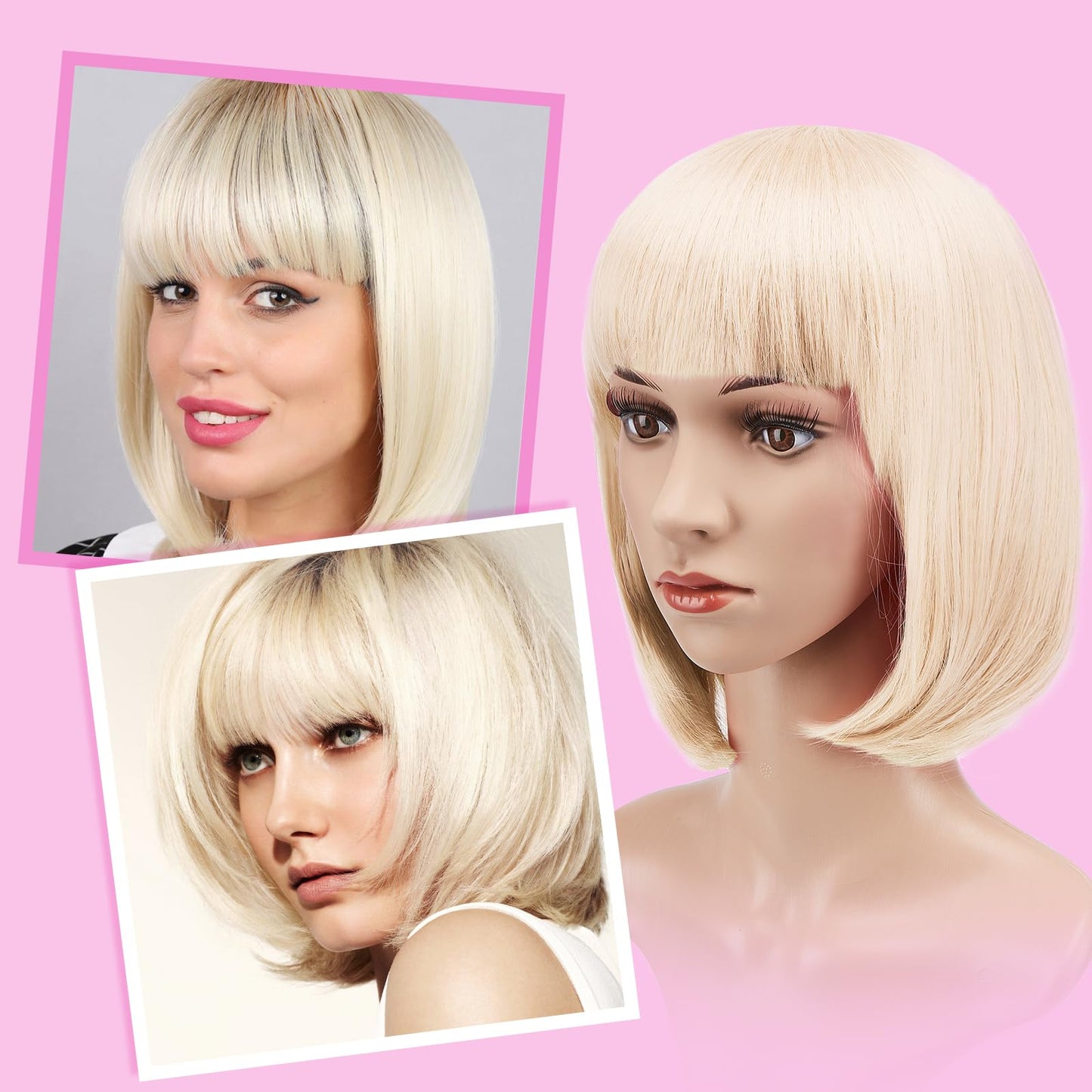 AGPTEK 13 Inches Straight Heat Resistant Short Bob Hair Wigs with Flat Bangs for Women Cosplay Daily Party - Beige White