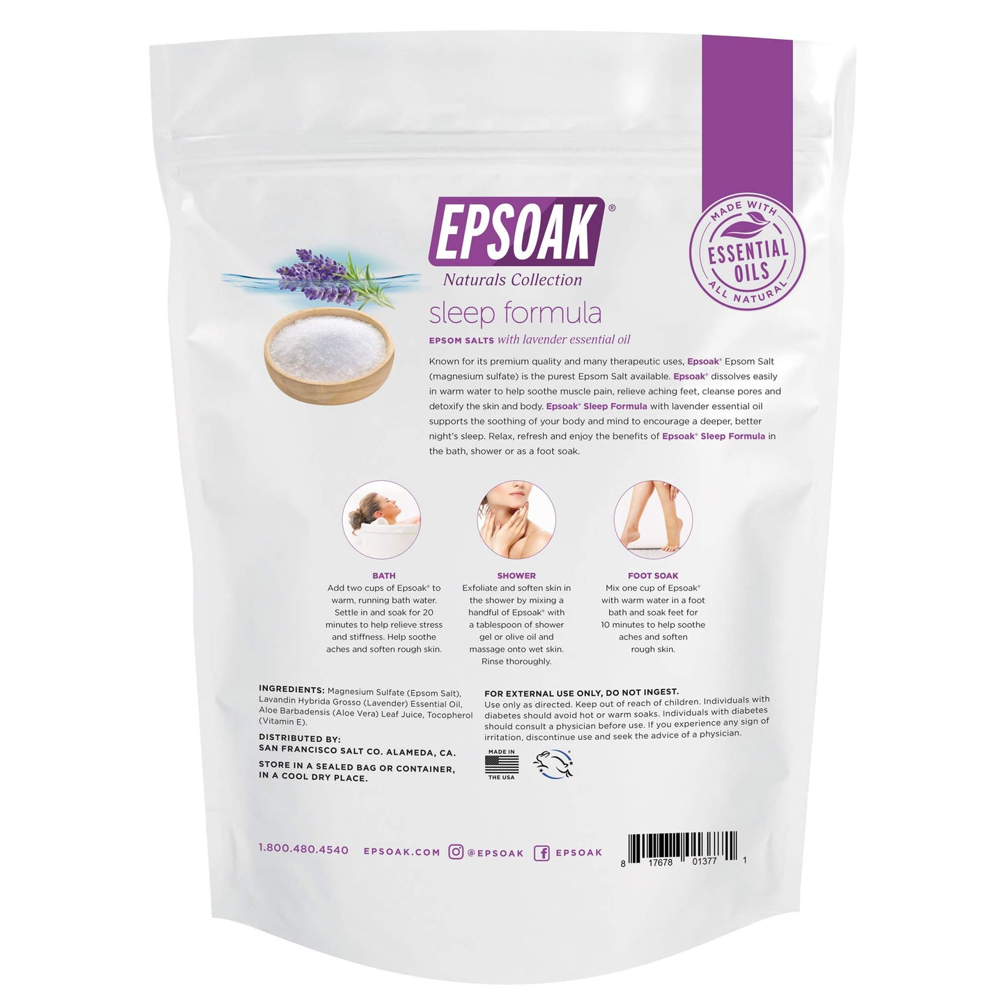 Epsoak Epsom Salt 4 lb. Magnesium Sulfate USP. (Qty. 2 x 2lb. Bag), Lavender Sleep Formula, Resealable Epsom Salt Bag, Made in The USA, Cruelty-Free Certified