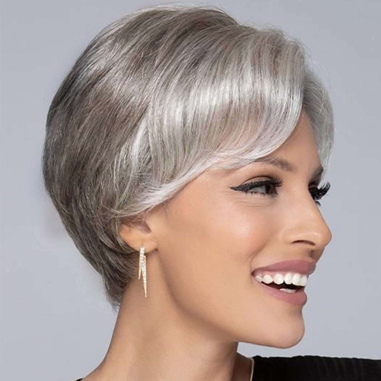 MARYLING Gray Short Pixie Cut Wig Synthetic Ombre Light Gray Hair Wig with Bangs Haircuts Side Part Layered Wavy Wigs for White Women