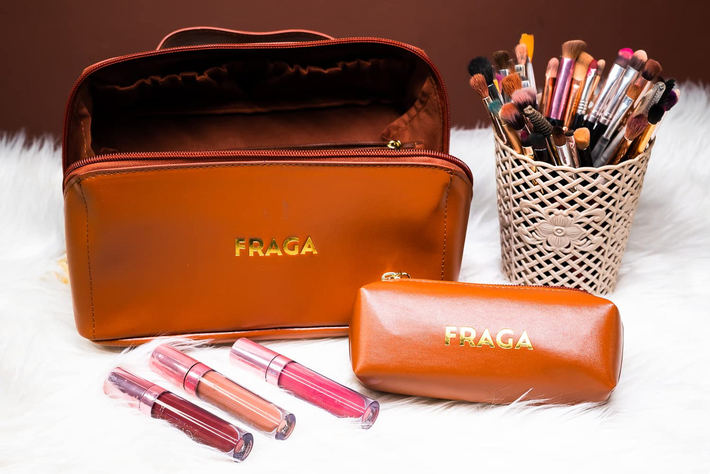 FRAGA 2 in 1 New Model Makeup Bag, Waterproof Cosmetic Bag, with Large Capacity, Skin Care Organizer for Travel, Easy to Clean (Brown)