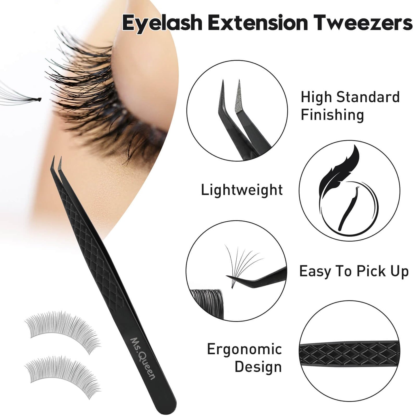 Ms.Queen Lash Extension Tweezers, Fiber Tip Lashing Tweezers for Volume & Individual Eyelash Extensions,Black