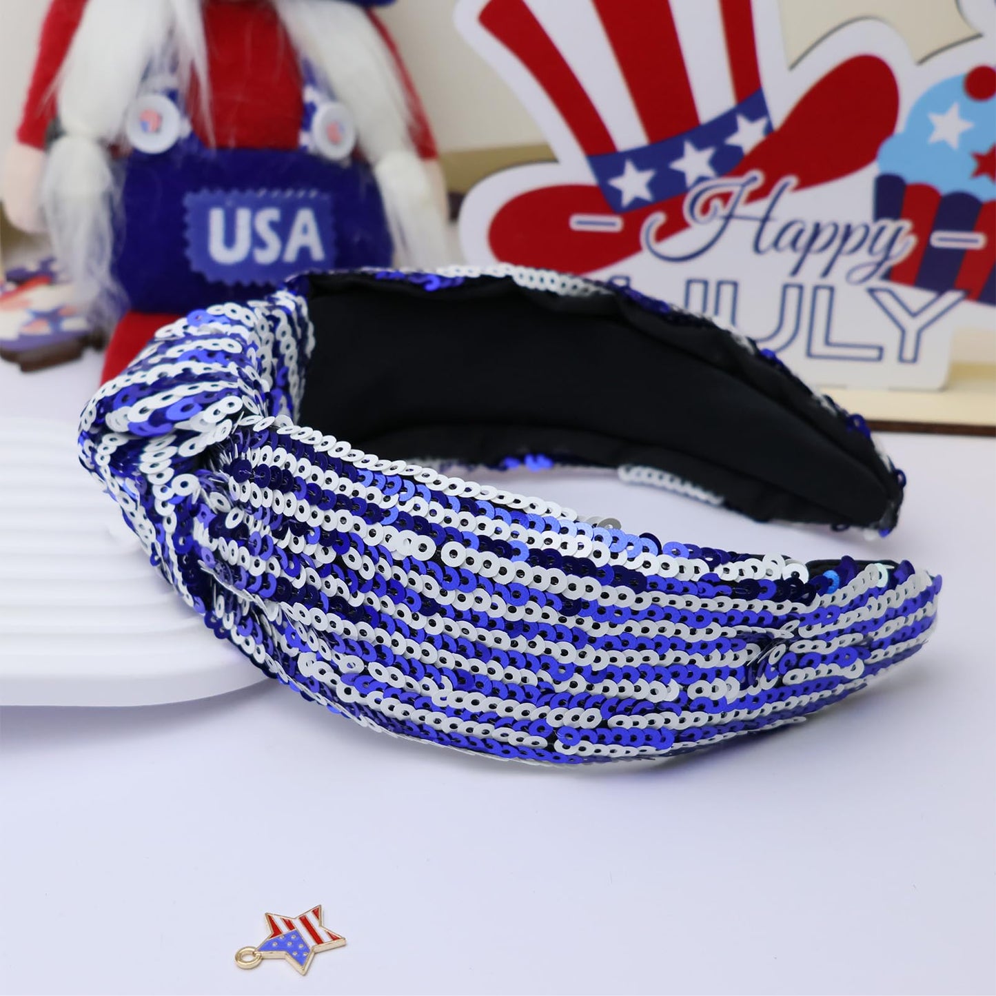 VHWMHEAD 4th of July Headbands - 4th of July Sequin Knotted Headbands for Women Girls Blue White Hairband Sparkly Wide Hair Bands Glitter Headband Patriotic Hair Accessories