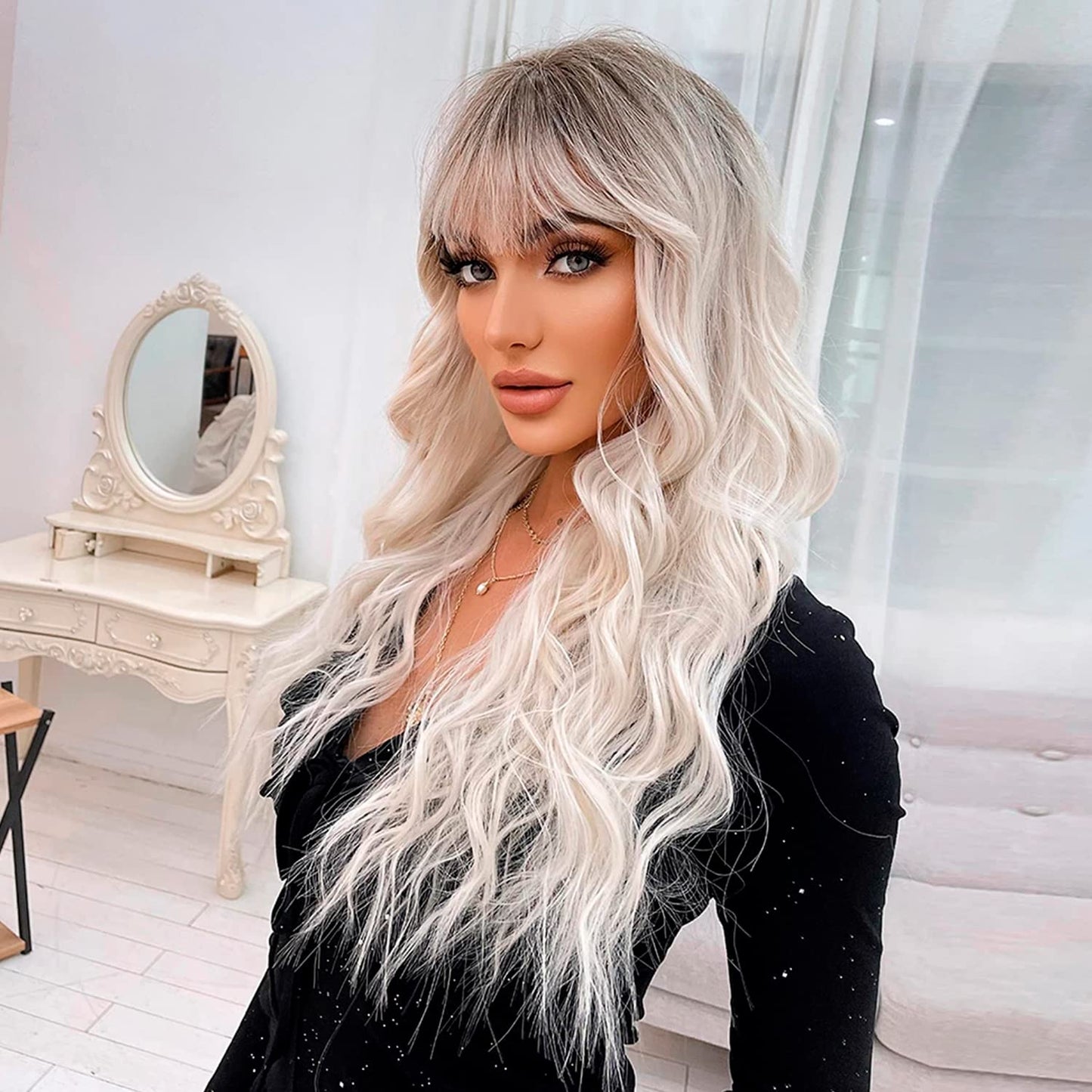 Singolas Platinum Blonde Wig with Bangs Shoulder Length Body Wave Long Curly White Platinum Blonde Wigs for Women Dark Root Blonde Hair Wigs 20 Inch, 1.0 Count