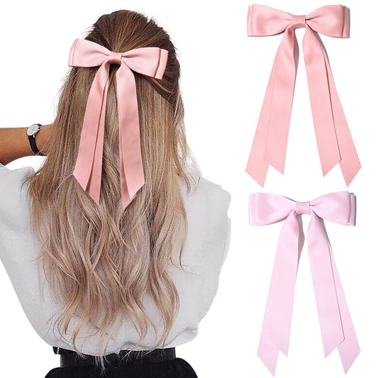 2PCS Silky Satin Hair Bows Hair Clip Pink Hair Ribbon Ponytail Holder Accessories Slides Metal Clips Hair Bow for Women Girls Toddlers Teens Kids