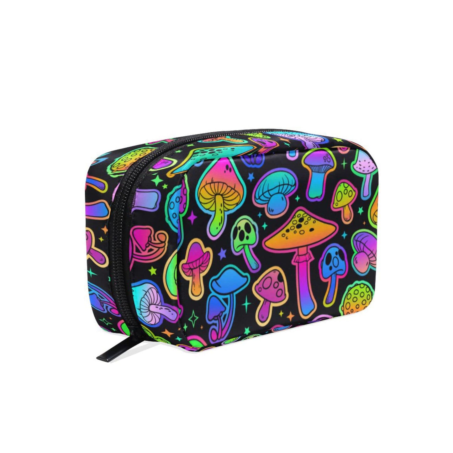 JHKKU Makeup Bag Colorful Mushrooms Square Cosmetic Bag Portable Travel Toiletry Bag Black Zipper Storage Bag for Women