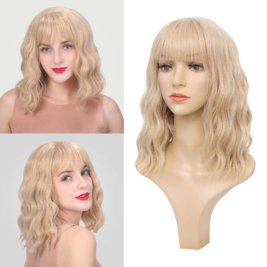 Wigs for Women - Blonde Wig with Bangs for Women, Short Wavy Bob Wig, Colorful Medium Length Wig, Pastel Colored Cosplay Wig Synthetic Costume Wigs, Halloween Wigs……