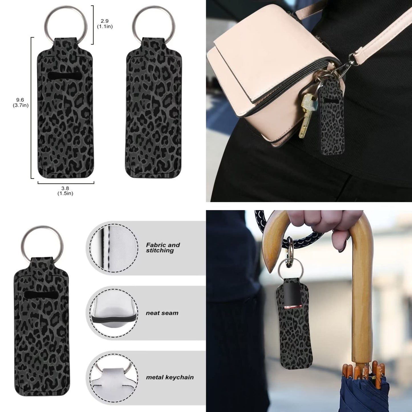 Suobstales 3 Pieces Keychain Holders Kits, Black Leopard Print Chapstick Keychain Holder+Bottle Holder Keychains+Wristlet Keychains Lanyard for Women Gifts Travel Outdoor Supplies