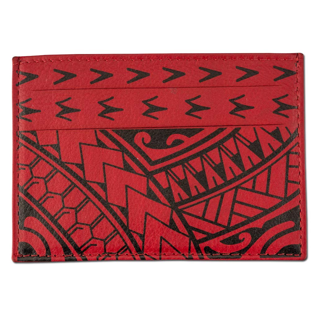 Polynesian Tattoo Leather Credit Card Holder Super Slim Wallet "Hiku" with Tribal Tattoo art by Eugene Ta’ase (Red) from NAKOA