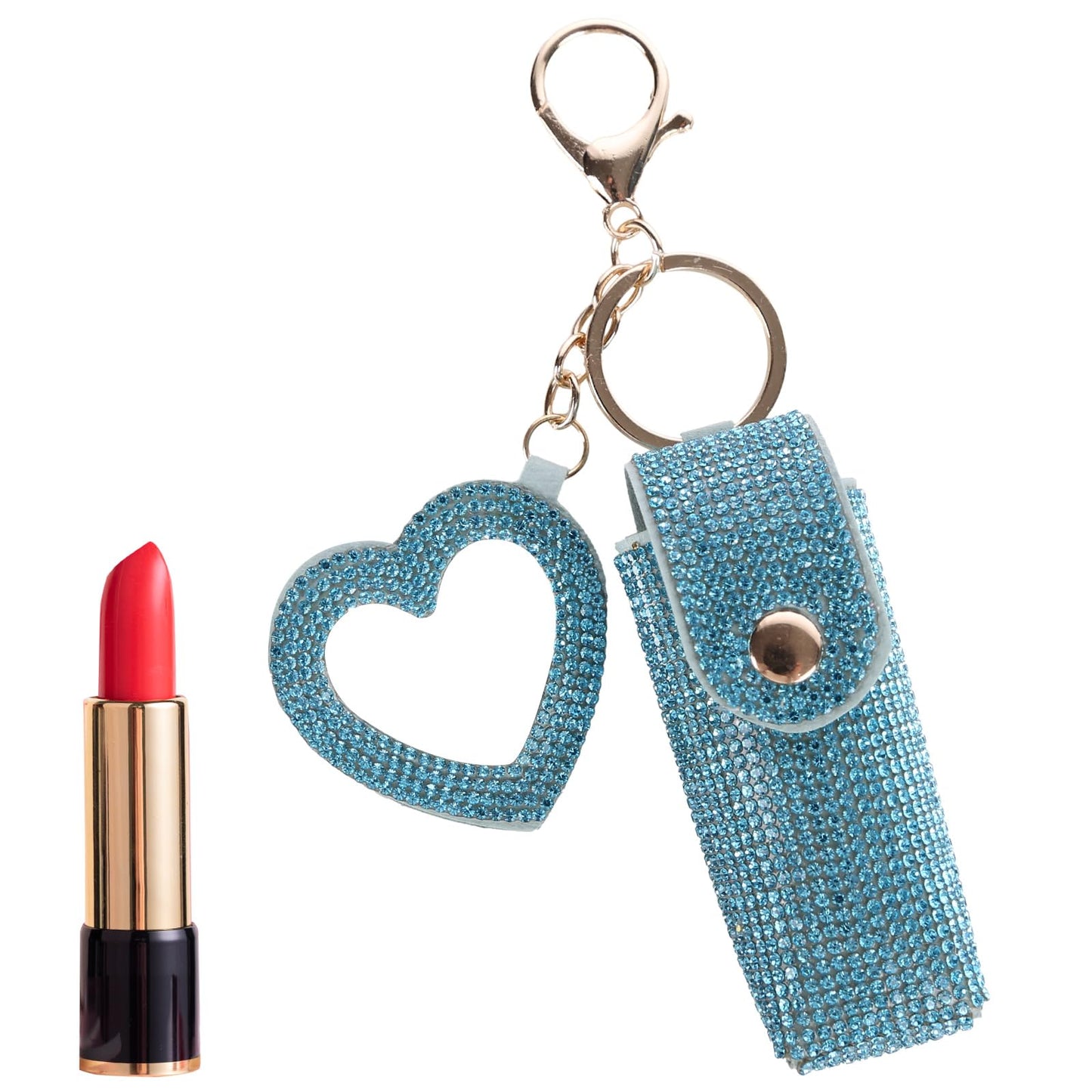 Lipstick Organizer Keychain, Rhinestone Lipstick Case with Mirror for Women, Portable Lipstick Leather Holder Lip Gloss Bag Lip Balm Case for Travel, Party, Holiday Gifts (Blue)