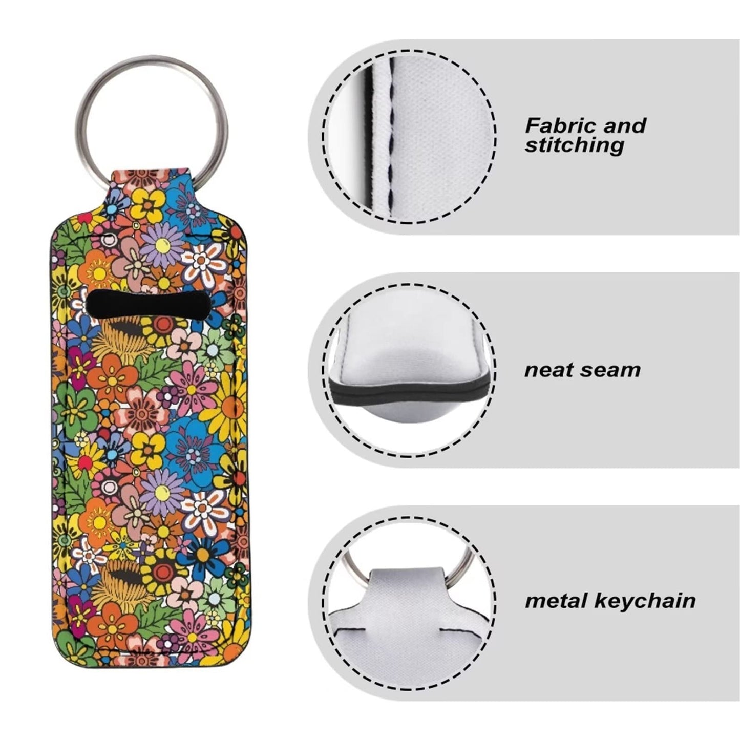 Suobstales Hippie Flower Travel Bottle Holders Chapstick Keychain Set of 3,Colorful Cartoon Floral Lipstick Holder+Hand Sanitizer Keychain Holder+Hand Wrist Lanyard for Women Gifts Portable Pouch