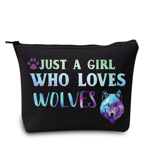 LEVLO Funny Wolf Cosmetic Bag Animal Lover Gift Just A Girl Who Loves Wolves Makeup Zipper Pouch Bag Wolf Lover Gift (Loves Wolves Black)