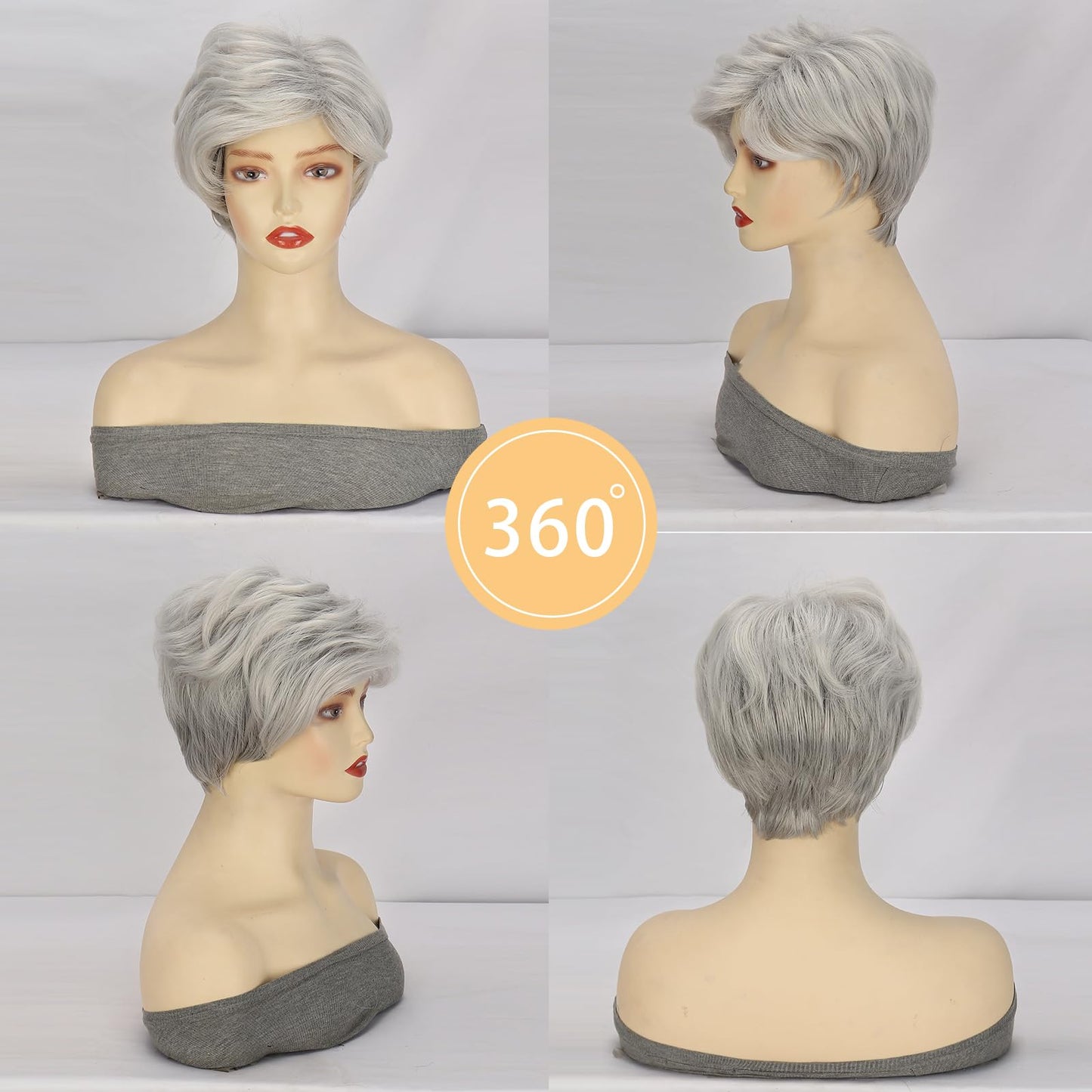 MARYLING Gray Short Pixie Cut Wig Synthetic Ombre Light Gray Hair Wig with Bangs Haircuts Side Part Layered Wavy Wigs for White Women