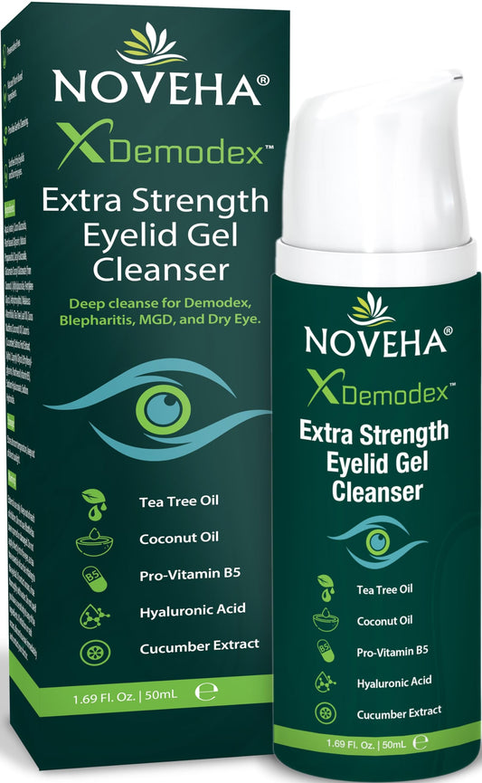 NOVEHA Demodex Extra Strength Eyelid Gel Cleanser - for Demodex, MGD and Dry Eye with Pro-Vitamin B5, Tea Tree Oil, and Hyaluronic Acid - Gentle Cleansing, Soothes Itchy Eyelid - 50mL (1 Pack)