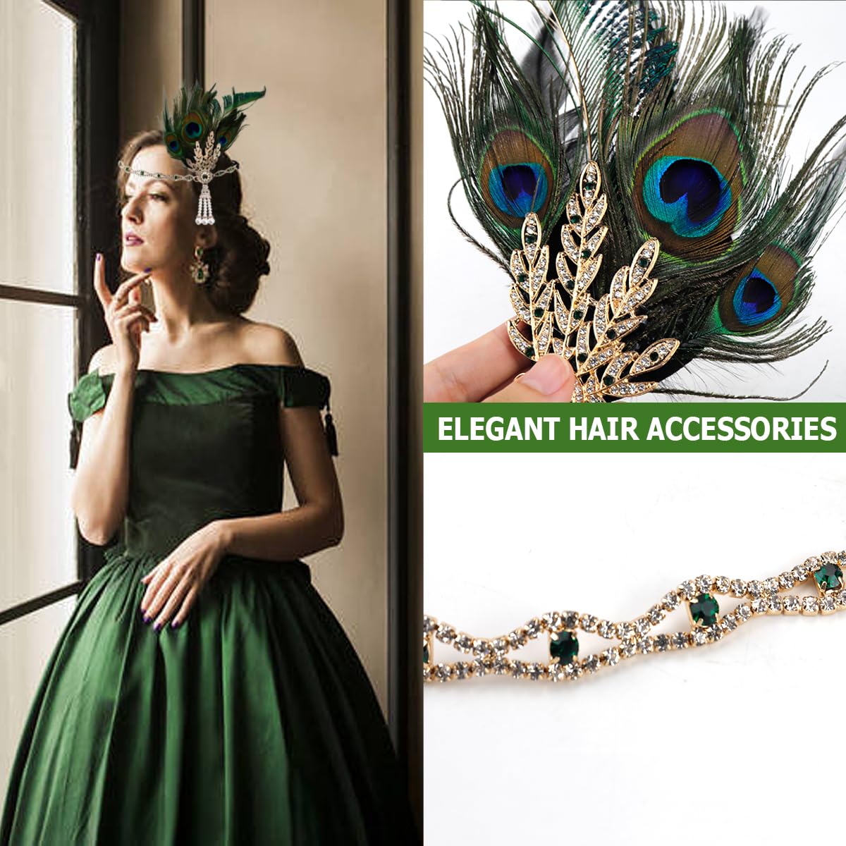 FERCAISH 1920s Flapper Headband, Roaring 20s Feather Crystal Headband Bachelor Party Feather Headband, Great Hair Accessories for Women(Green)