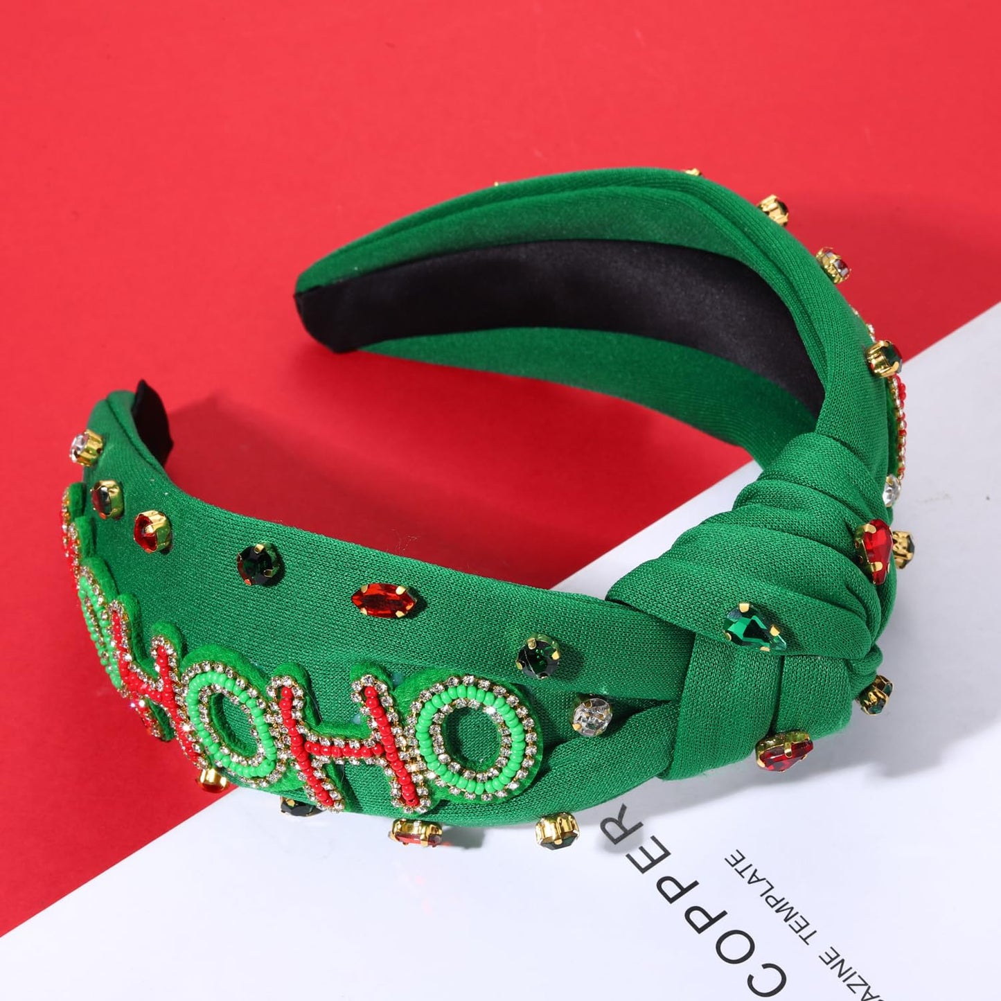 NVENF Christmas Headband for Women Jeweled Xmas Plaid Headband Embellished Crystal Pearl Knotted Headbands Wide Top Knot Holiday Headband Christmas Hair Accessories Holiday Outfits Gifts (HOHOHO 2)