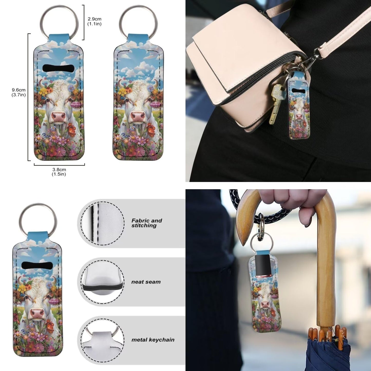 Suobstales Cow Flower Print Chapstick Holder 1 Keychain Wristlet Lanyards 1 Mini Bottle Keychain Holder, Neoprene Travel Bottle Keychain Holders Set of 3