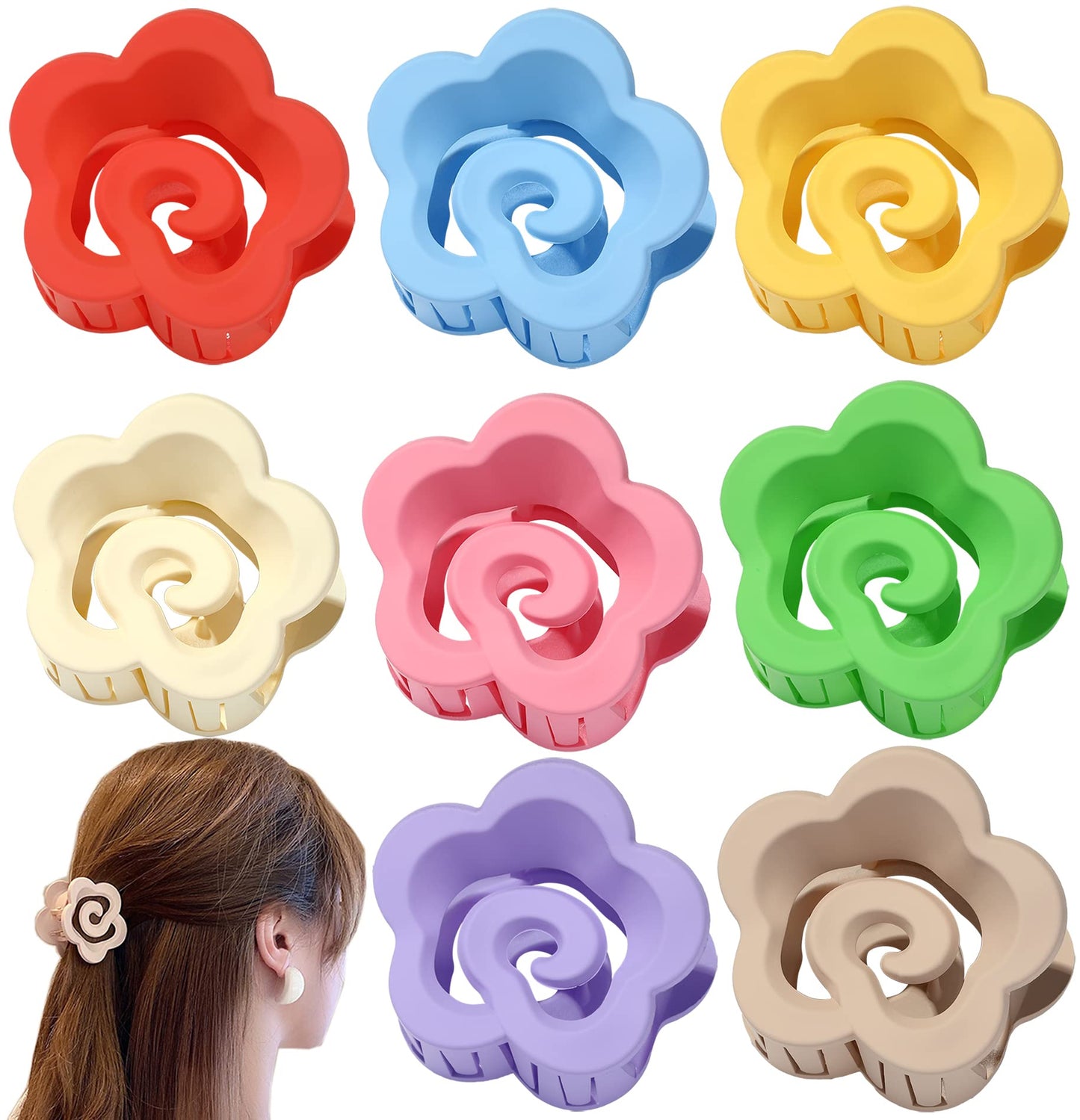 Mixcbe Flower Hair Clips 8Pcs Flower Claw Clips Medium Hair Clips for Women, 2.1 Inch Matte Nonslip Jaw Clip Strong Hold for Thin/Medium Hair Gift Box (Pack of 8 Colors)