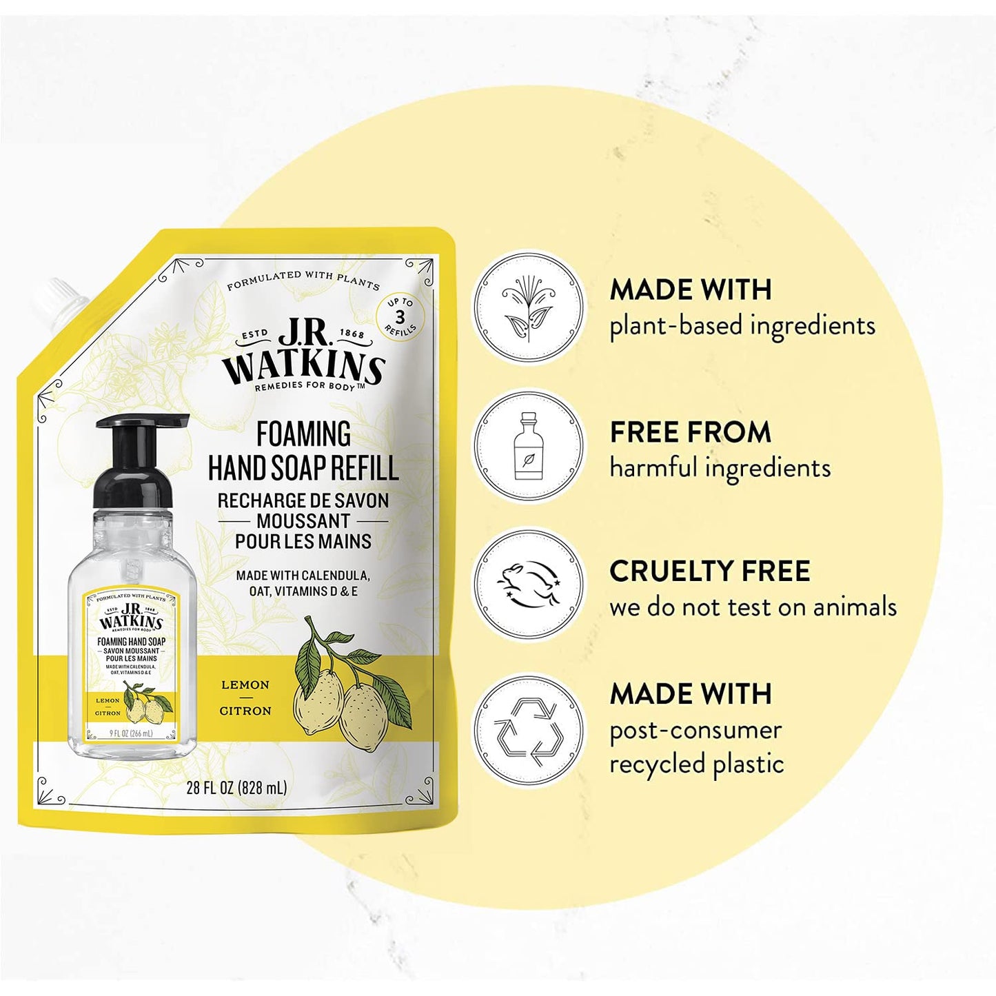 JR Watkins Foaming Hand Soap Refill Pouch, Lemon, Scented Foam Handsoap for Bathroom or Kitchen, USA Made and Cruelty Free, 28 fl oz(Pack of 2)