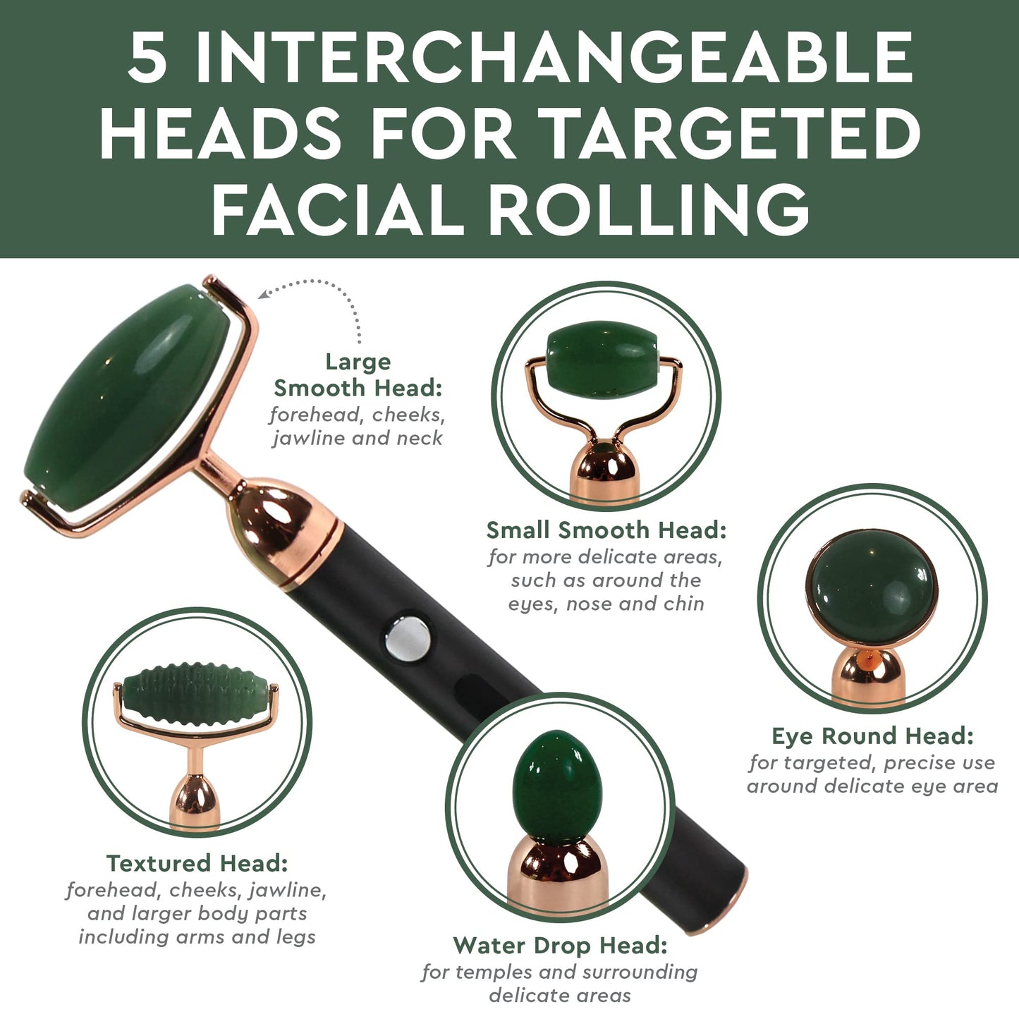 Vibrating Face Roller and Massager - 5 in 1 Rechargeable Jade Roller for Face for Soft and Smooth Skin, Relaxing Beauty Skin Care Set, Soothes Puffy Eyes