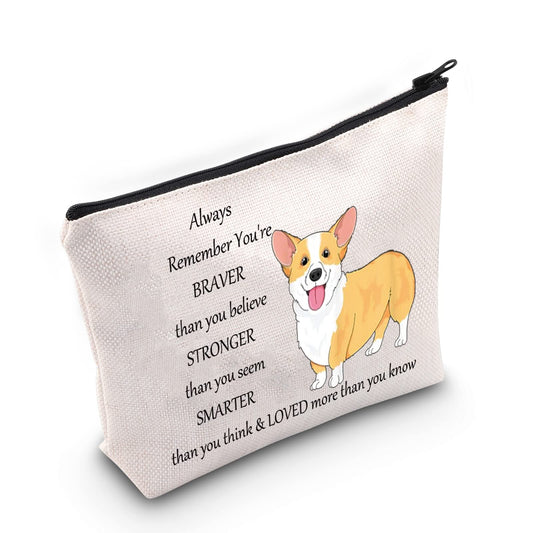 LEVLO Corgi Dog Cosmetic Make up Bag Corgi Lover Gift Corgi You Are Braver Stronger Smarter Than You Think Makeup Zipper Pouch Bag For Dogs Owner Corgi Mom (Corgi Bag)