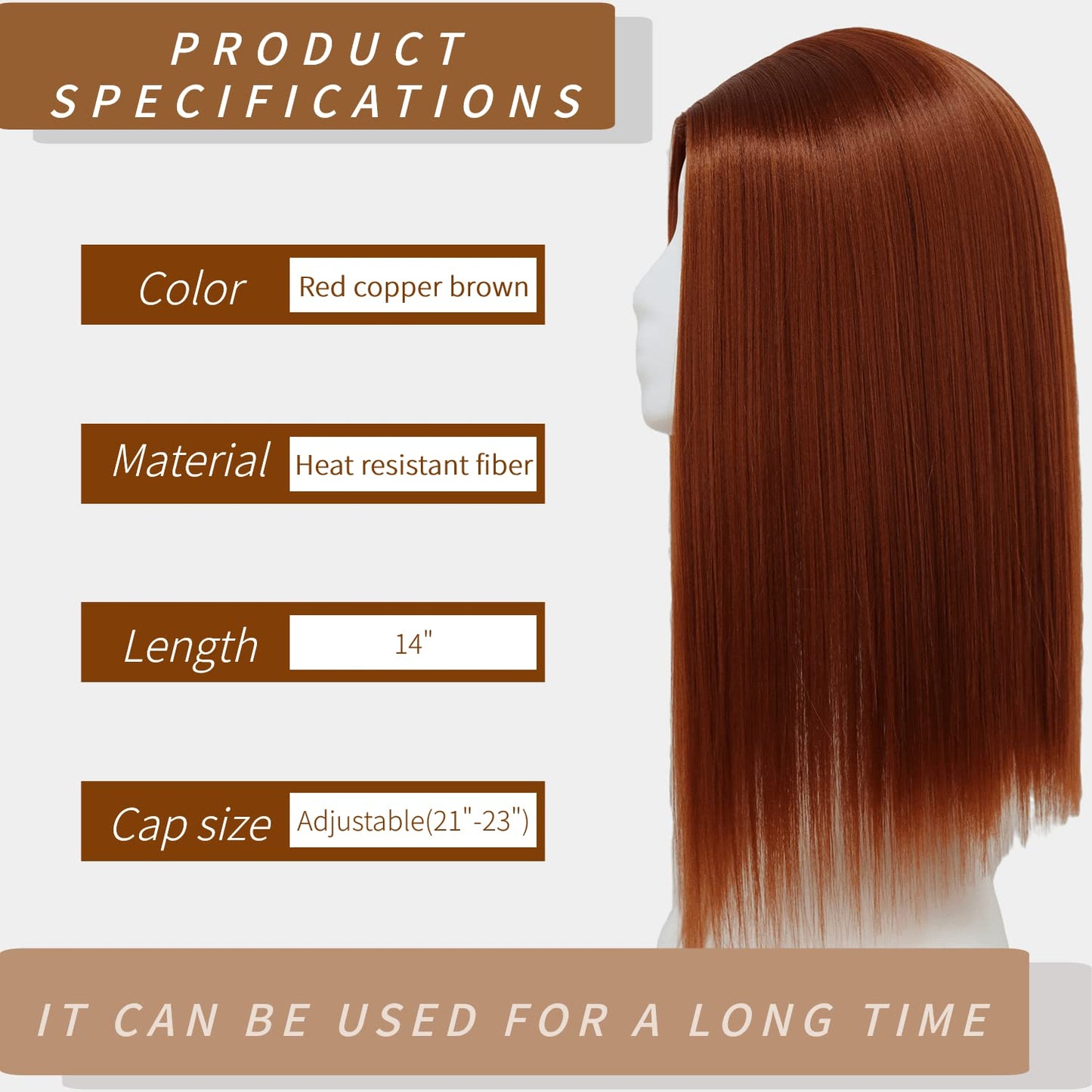 Dark Copper Red Brown Heat Resistant Synthetic Wig Short Straight Middle Part Medium Length Party Wig For Women Cospaly Daily Use Easy Wig Costume Glueless No Lace Wig 14 Inch (#M350)