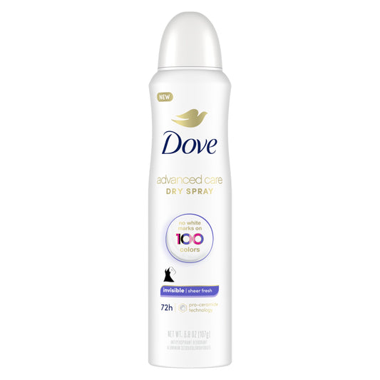 Dove Advanced Care Invisible Dry Spray Antiperspirant Deodorant No White Marks on 100 Colors Sheer Fresh 48-Hour Sweat and Odor Protecting Deodorant for Women 3.8 oz, Pack of 12