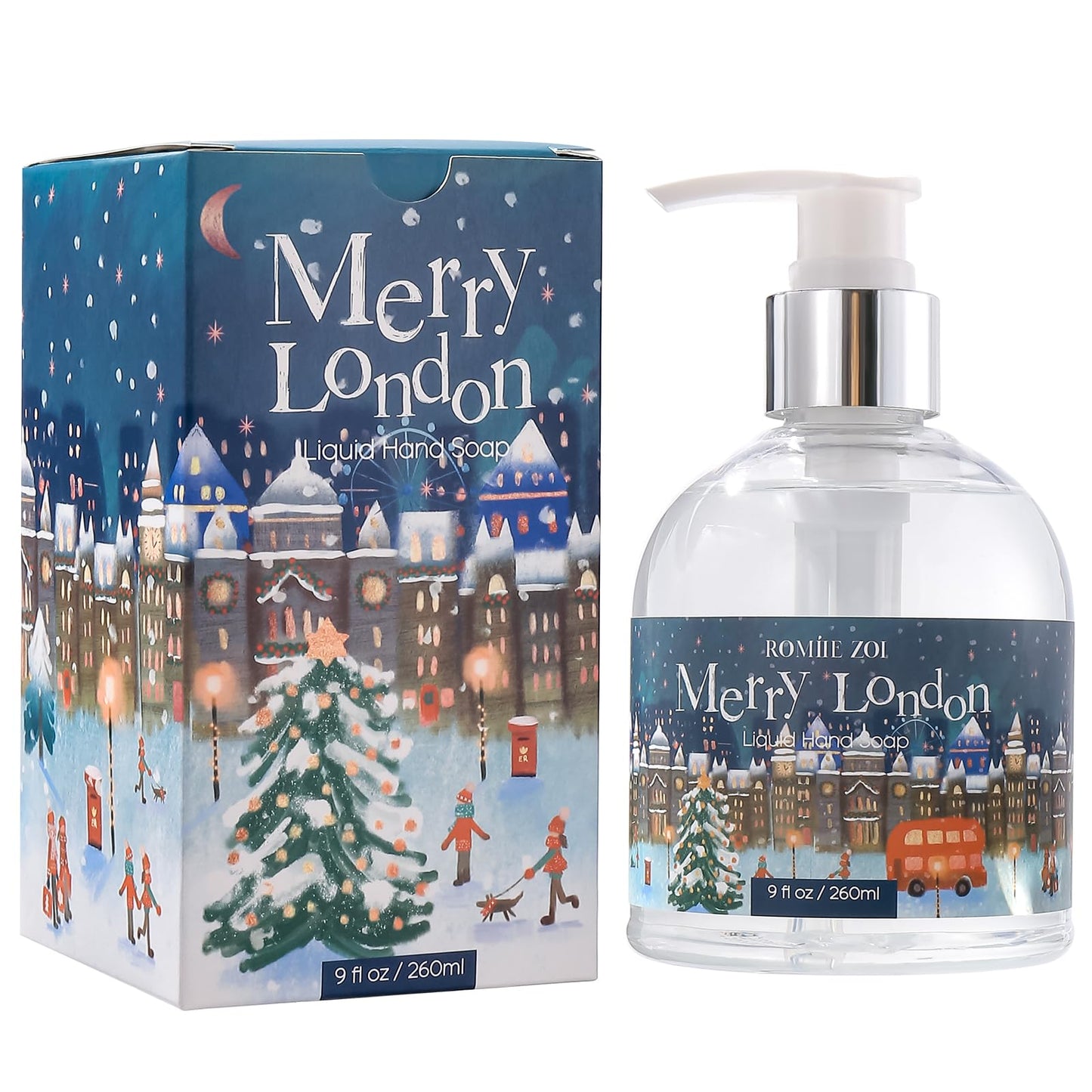 ROMIIE ZOI Christmas Liquid Hand Soap with Gift Box - Merry London, Infused with Cedar & Juniper Aroma - 260ml/ 9 fl.oz（Pack of 3）