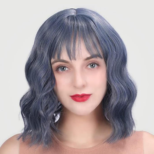 Wigs for Women - Ombre Grayish-Blue Wig with Bangs for Women, Short Wavy Bob Wig, Colorful Medium Length Wig, Pastel Colored Cosplay Wig Synthetic Costume Wigs, Halloween Wigs……