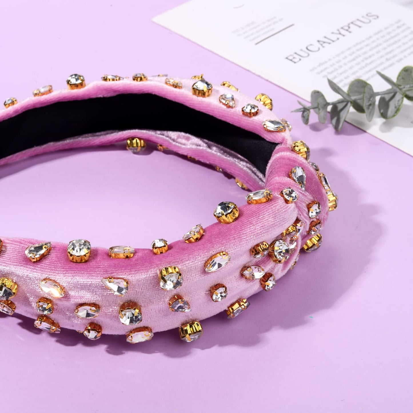 CENAPOG Rhinestone Knotted Headband for Women Sparkly Crystal Embellished Hairbands Twist Turban Headband Elastic Wide Velvet Hair Hoop Party Wedding Headwear for Girls (pink)