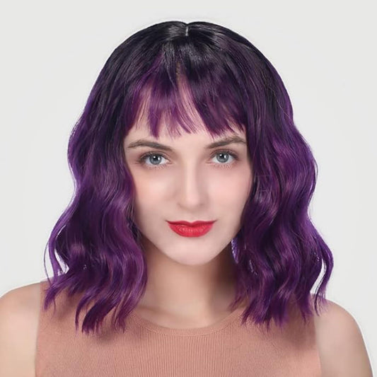 Wigs for Women - Dark Purple Wig with Bangs for Women, Short Wavy Bob Wig, Colorful Medium Length Wig, Pastel Colored Cosplay Wig Synthetic Costume Wigs Halloween Wigs…