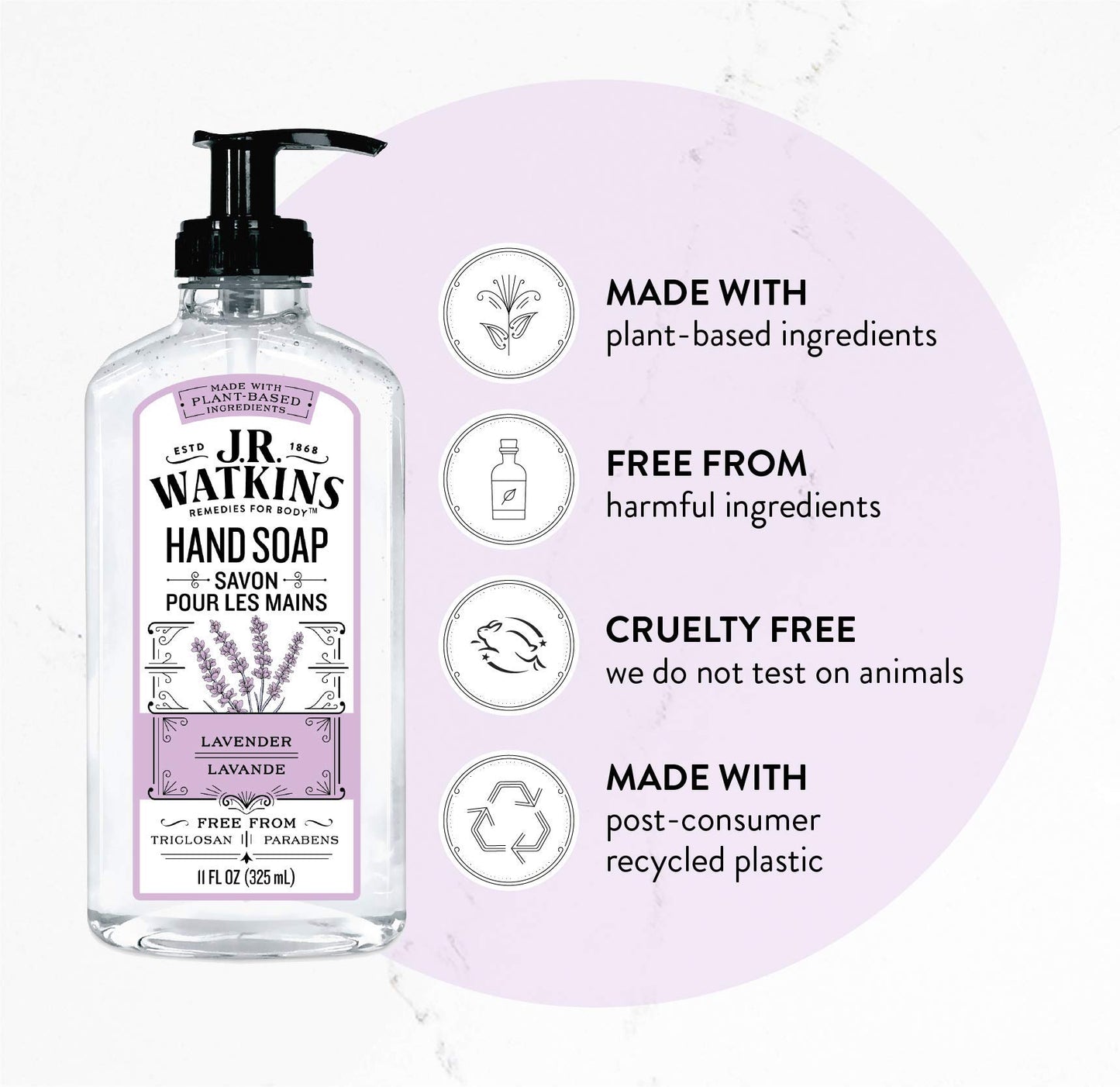 J.R. Watkins Gel Hand Soap, Scented Liquid Hand Wash for Bathroom or Kitchen, USA Made and Cruelty Free, 11 fl oz, Lavender, 3 Pack