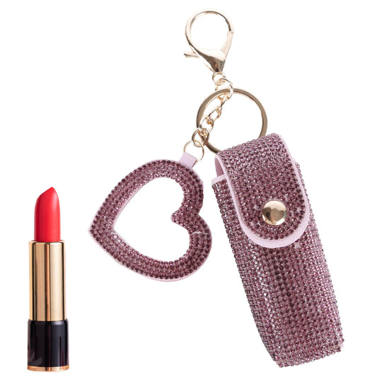 Lipstick Organizer Keychain, Rhinestone Lipstick Case with Mirror for Women, Portable Lipstick Leather Holder Lip Gloss Bag Lip Balm Case for Travel, Party, Holiday Gifts (Violet)